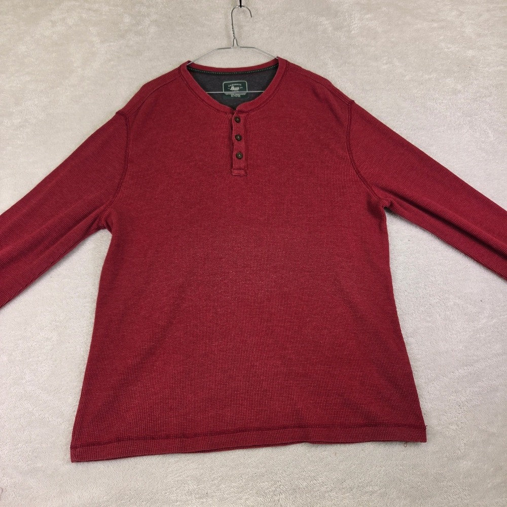 GH Bass Mens XL Red Waffle Knit Henley Long Sleeve Thermal Shirt Regular Fit